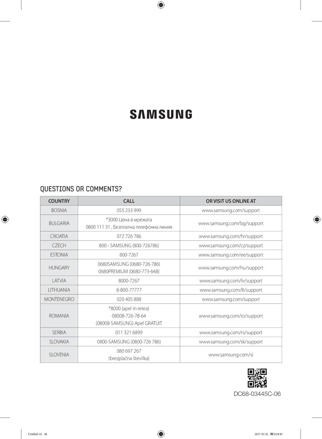 Samsung WF60F4ECW2W/EO, WF80F5E0W4W/LE, WF80F5E0W2W/LE, WF60F4E0W0W/LE, WW70K5410UW/EO Country Call Or Visit US Online AT 