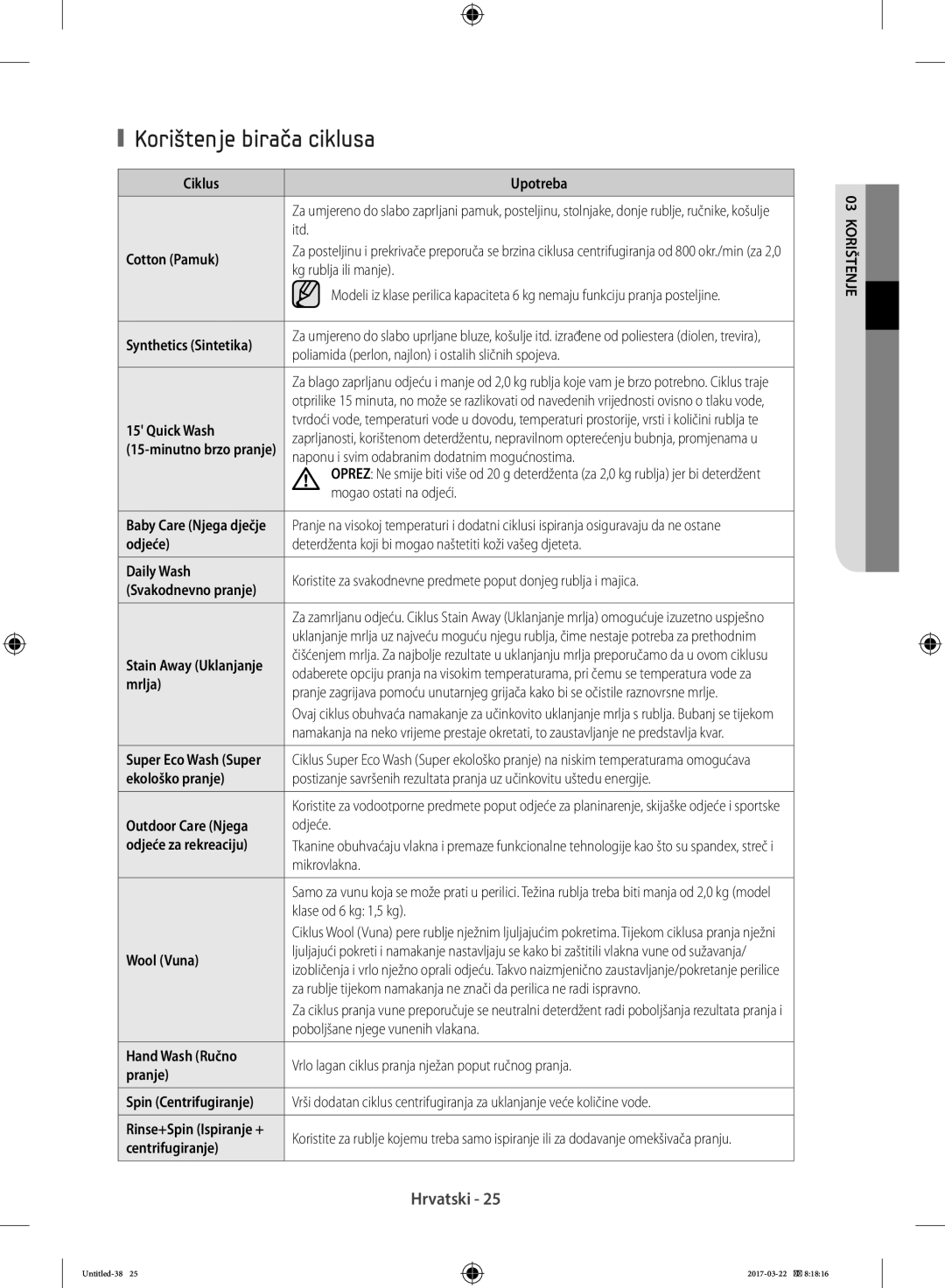 Samsung WF8EF5E0W4W/LE, WF80F5E0W4W/LE, WF80F5E0W2W/LE, WF60F4E0W0W/LE, WW70K5410UW/EO manual Korištenje birača ciklusa 