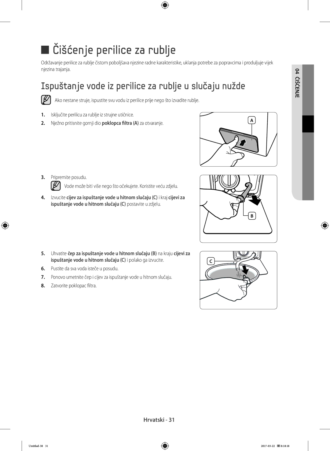 Samsung WF60F4EFW2W/LE, WF80F5E0W4W/LE Čišćenje perilice za rublje, Ispuštanje vode iz perilice za rublje u slučaju nužde 