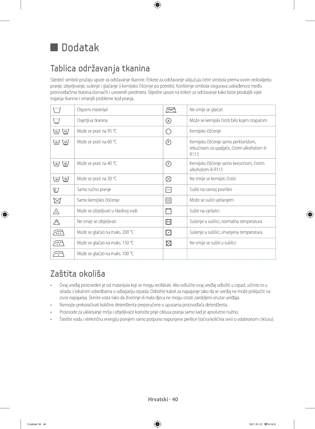 Samsung WF60F4E0W2W/LE, WF80F5E0W4W/LE, WF80F5E0W2W/LE, WF60F4E0W0W/LE Dodatak, Tablica održavanja tkanina, Zaštita okoliša 