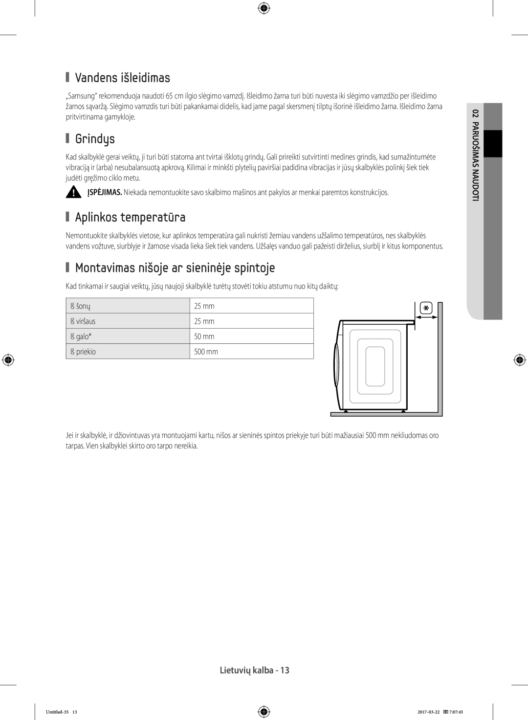 Samsung WF80F5E0W2W/LE manual Vandens išleidimas, Grindys, Aplinkos temperatūra, Montavimas nišoje ar sieninėje spintoje 