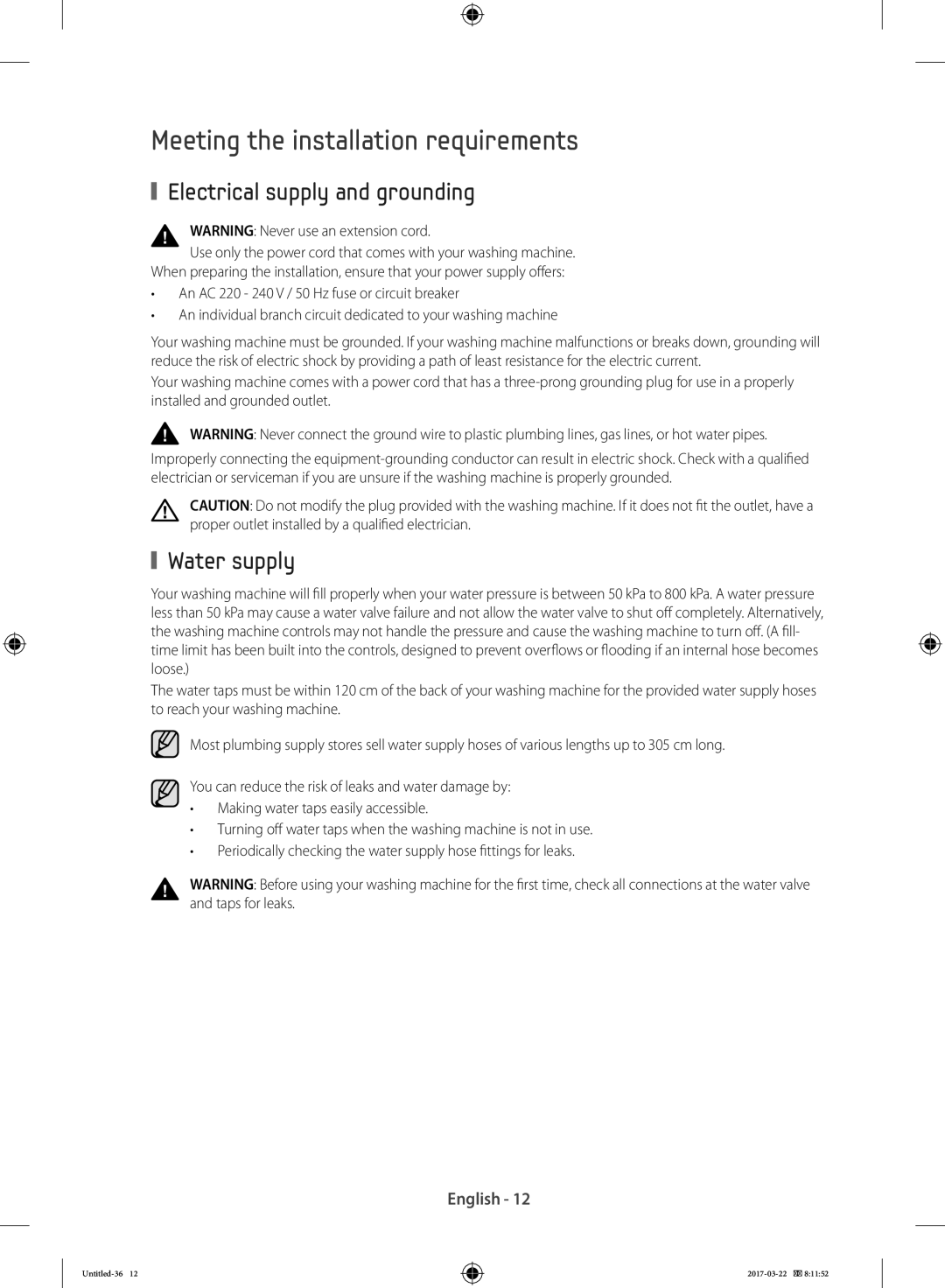 Samsung WW70K5410UW/LE manual Meeting the installation requirements, Electrical supply and grounding, Water supply 