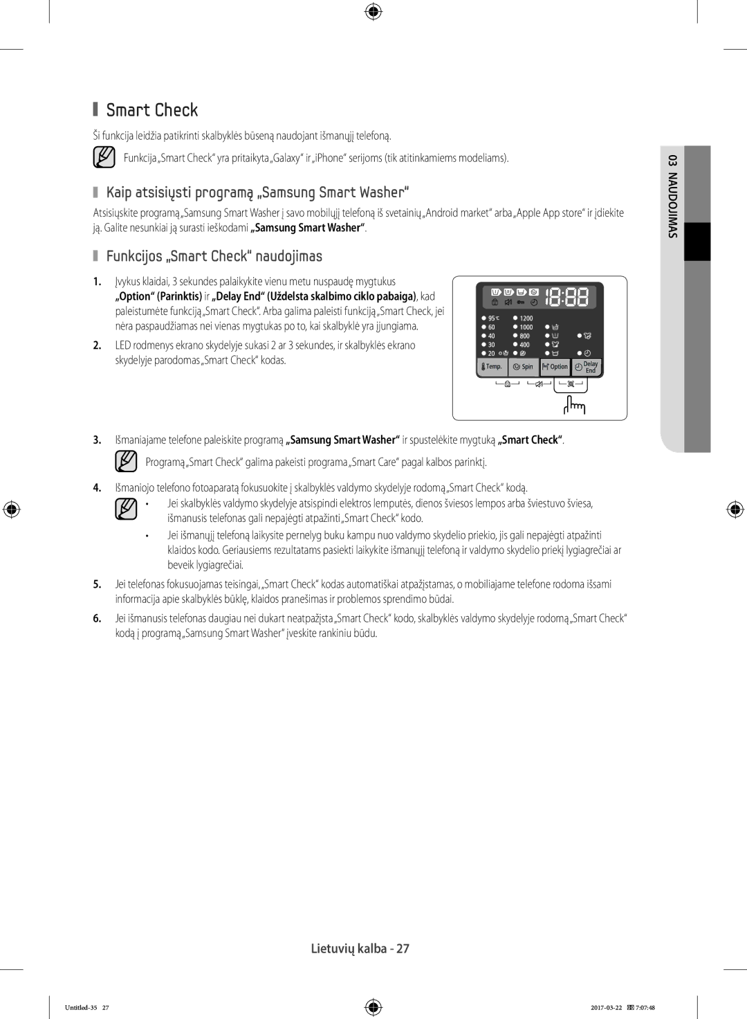 Samsung WF80F5E0W2W/AD, WF80F5E0W4W/LE Kaip atsisiųsti programą „Samsung Smart Washer, Funkcijos „Smart Check naudojimas 