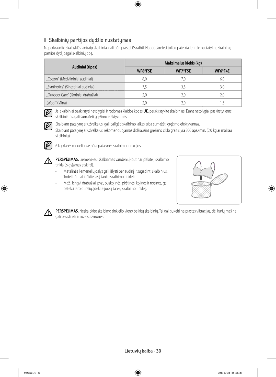 Samsung WF60F4ECW2W/LE, WF80F5E0W4W/LE manual Skalbinių partijos dydžio nustatymas, Audiniai tipas, Maksimalus kiekis kg 