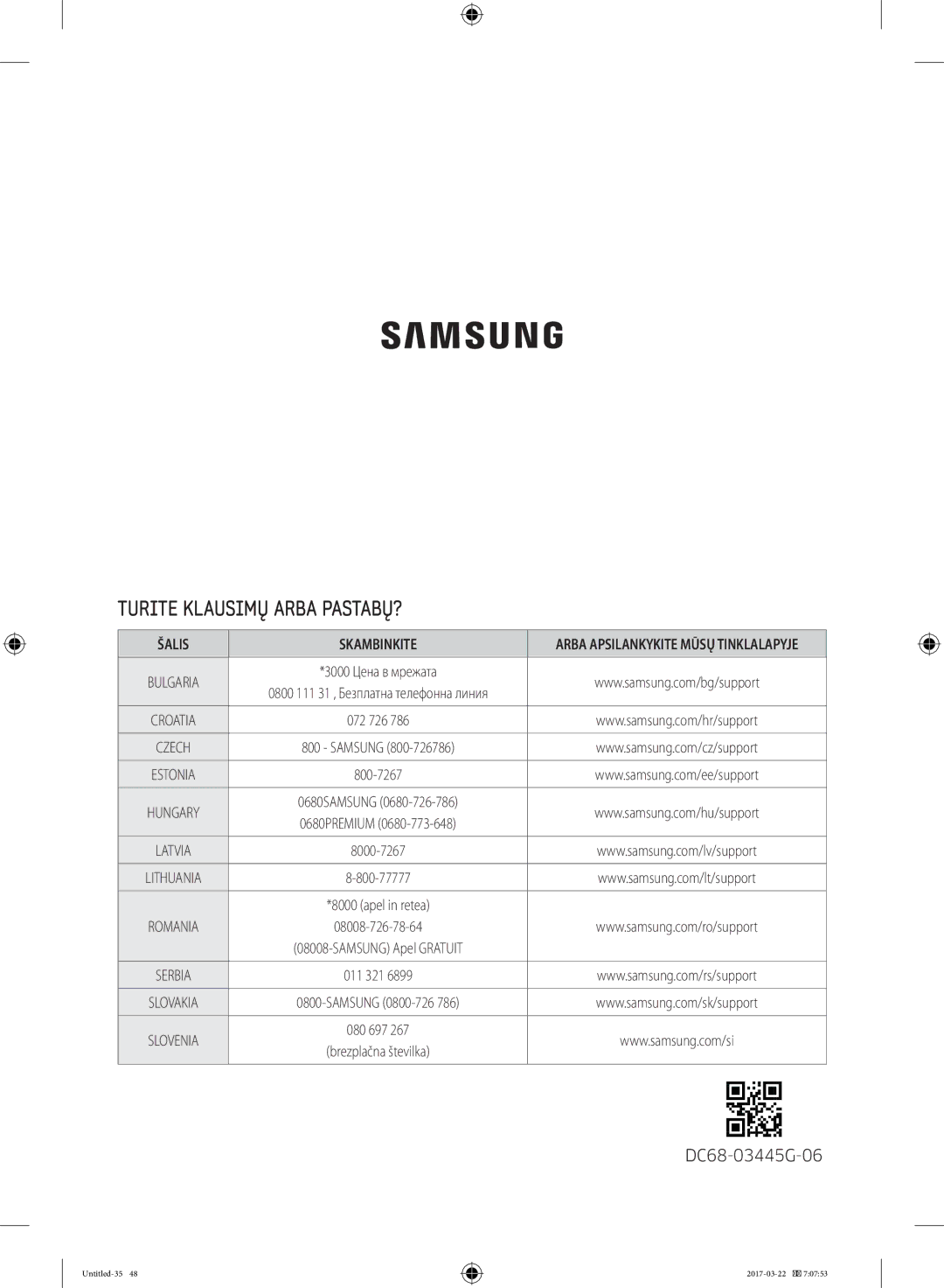 Samsung WF70F5E0W4W/EF, WF80F5E0W4W/LE, WF80F5E0W2W/LE, WF60F4E0W0W/LE manual Turite Klausimų Arba PASTABŲ?, Šalis Skambinkite 