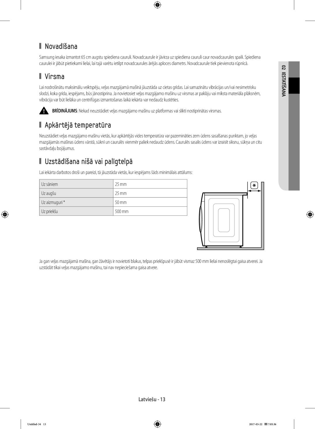 Samsung WF70F5E0W4W/WS, WF80F5E0W4W/LE manual Novadīšana, Virsma, Apkārtējā temperatūra, Uzstādīšana nišā vai palīgtelpā 