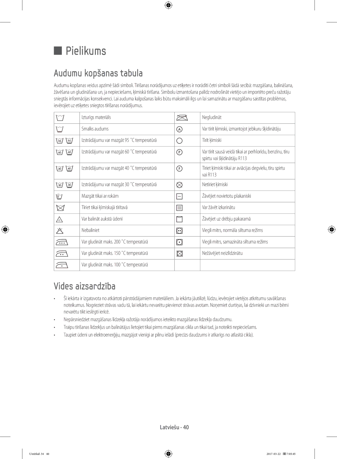 Samsung WF70F5E0W4W/WS, WF80F5E0W4W/LE, WF80F5E0W2W/LE, WF60F4E0W0W/LE Pielikums, Audumu kopšanas tabula, Vides aizsardzība 