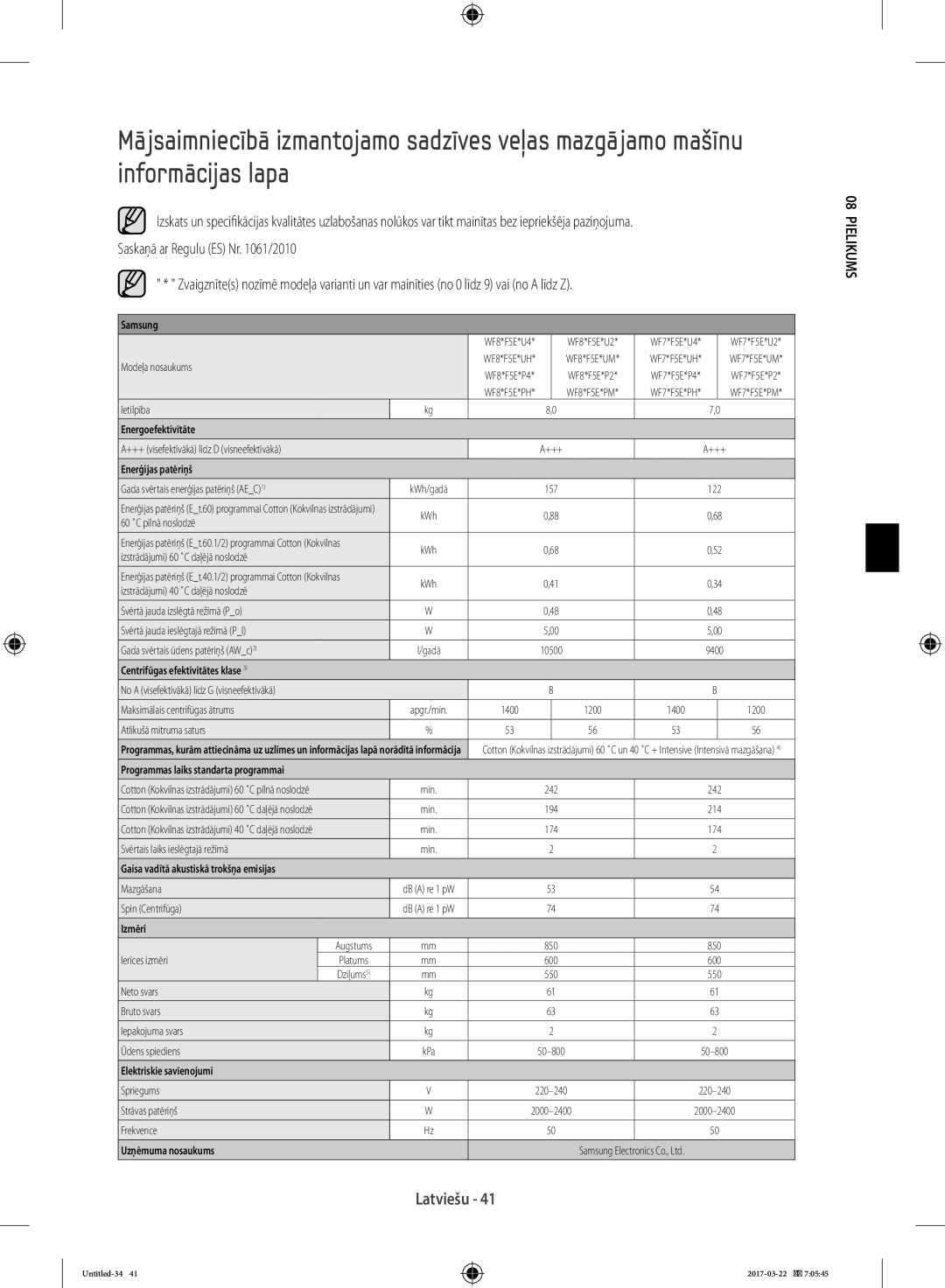 Samsung WF60F4E3W0W/EO Energoefektivitāte, Enerģijas patēriņš, Centrifūgas efektivitātes klase, Izmēri, Uzņēmuma nosaukums 