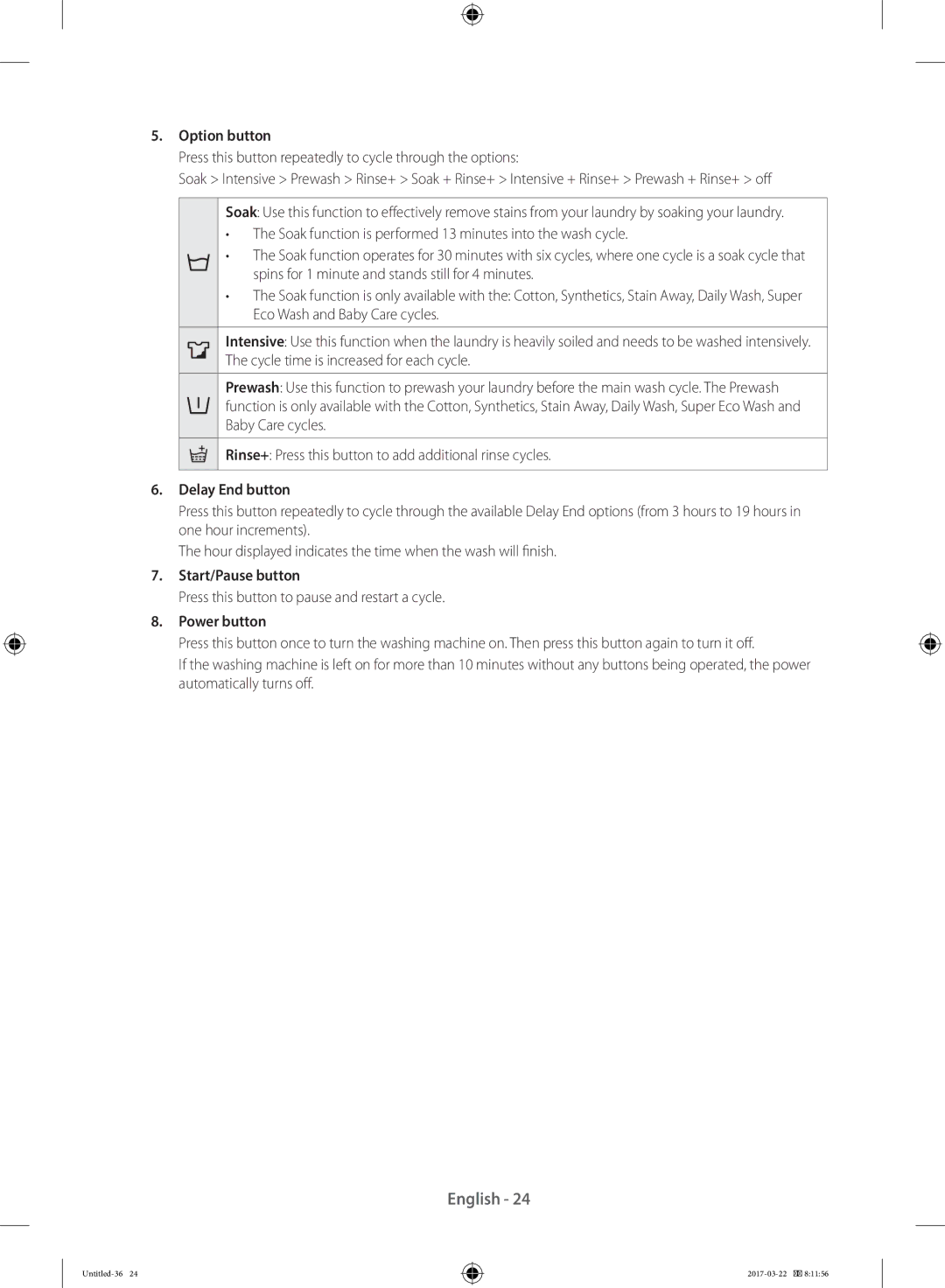 Samsung WF70F5E2U2W/LE Option button, Delay End button, Start/Pause button, Press this button to pause and restart a cycle 