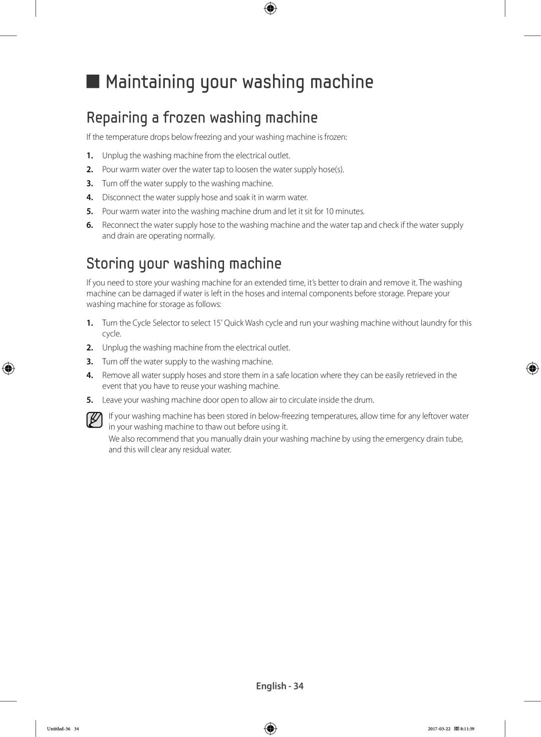 Samsung WF60F4E0W2W/LE Maintaining your washing machine, Repairing a frozen washing machine, Storing your washing machine 