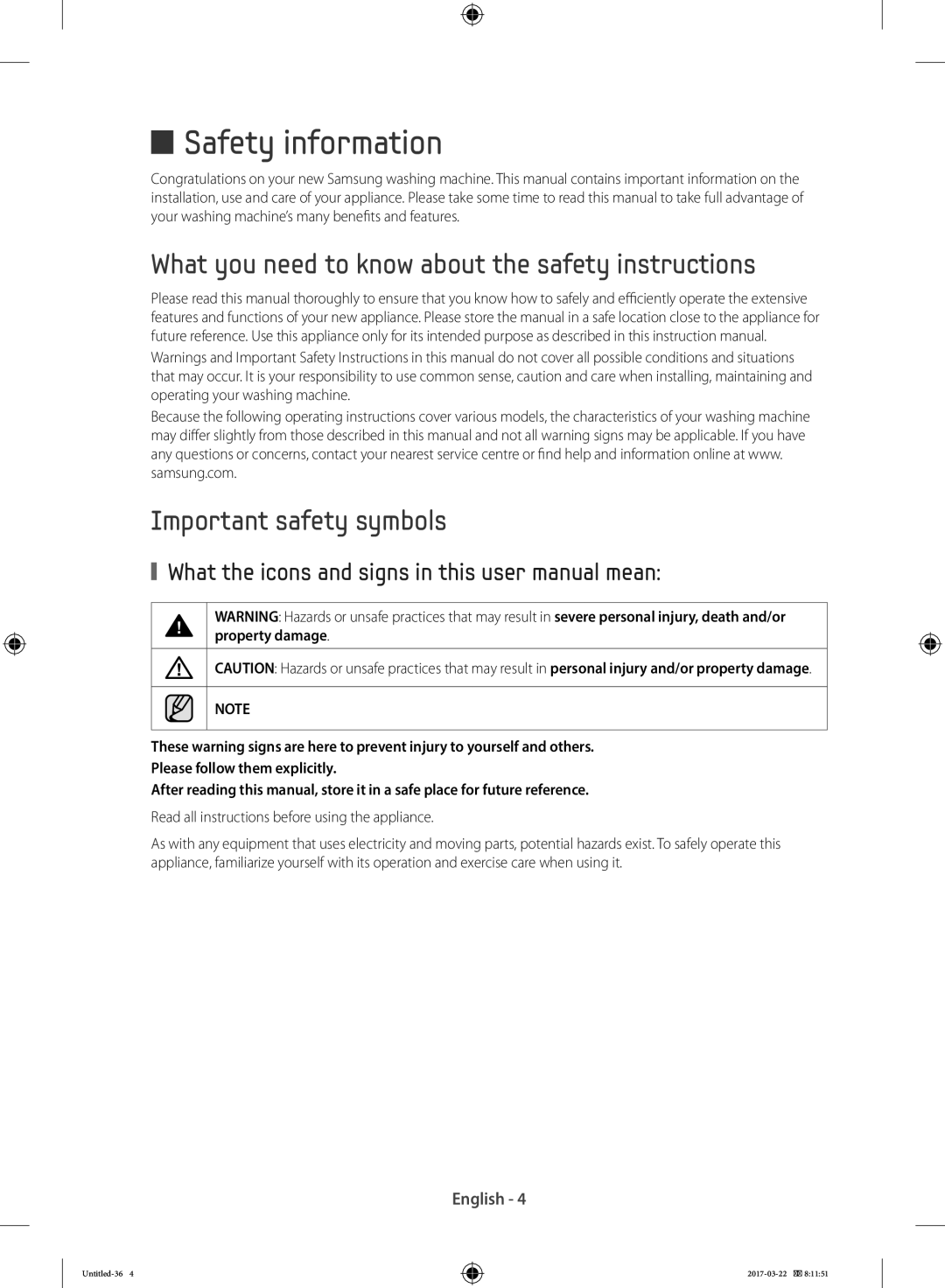 Samsung WF60F4E2W2X/LE, WF80F5E0W4W/LE, WF80F5E0W2W/LE Safety information, Read all instructions before using the appliance 