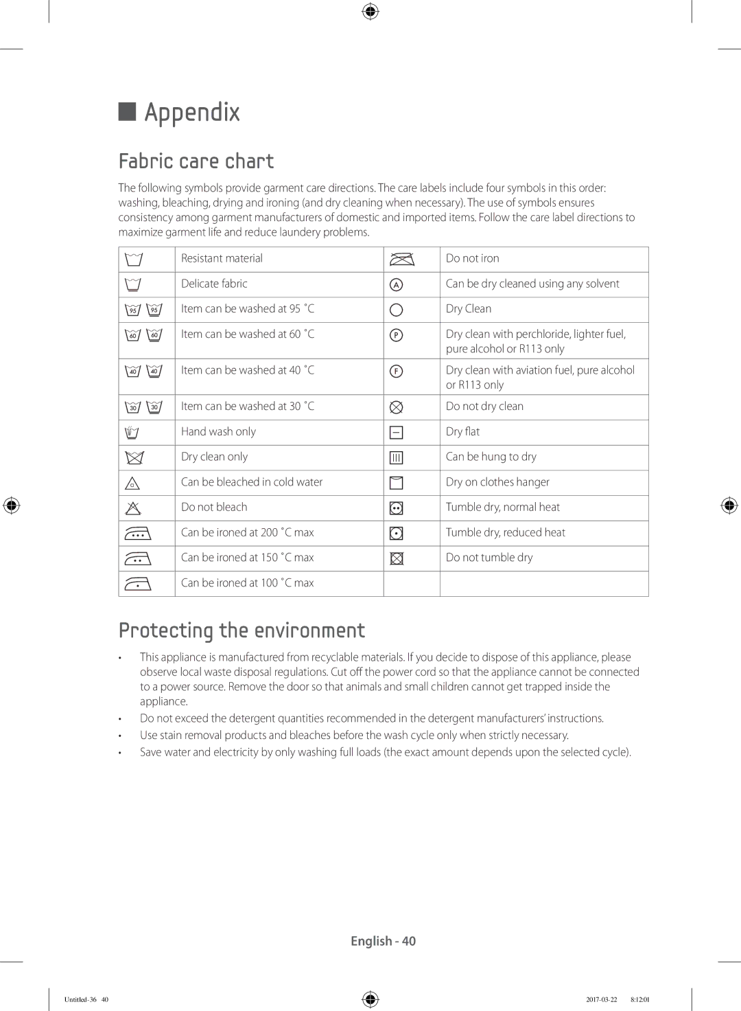 Samsung WF70F5E0W2W/AD, WF80F5E0W4W/LE, WF80F5E0W2W/LE manual Appendix, Fabric care chart, Protecting the environment 