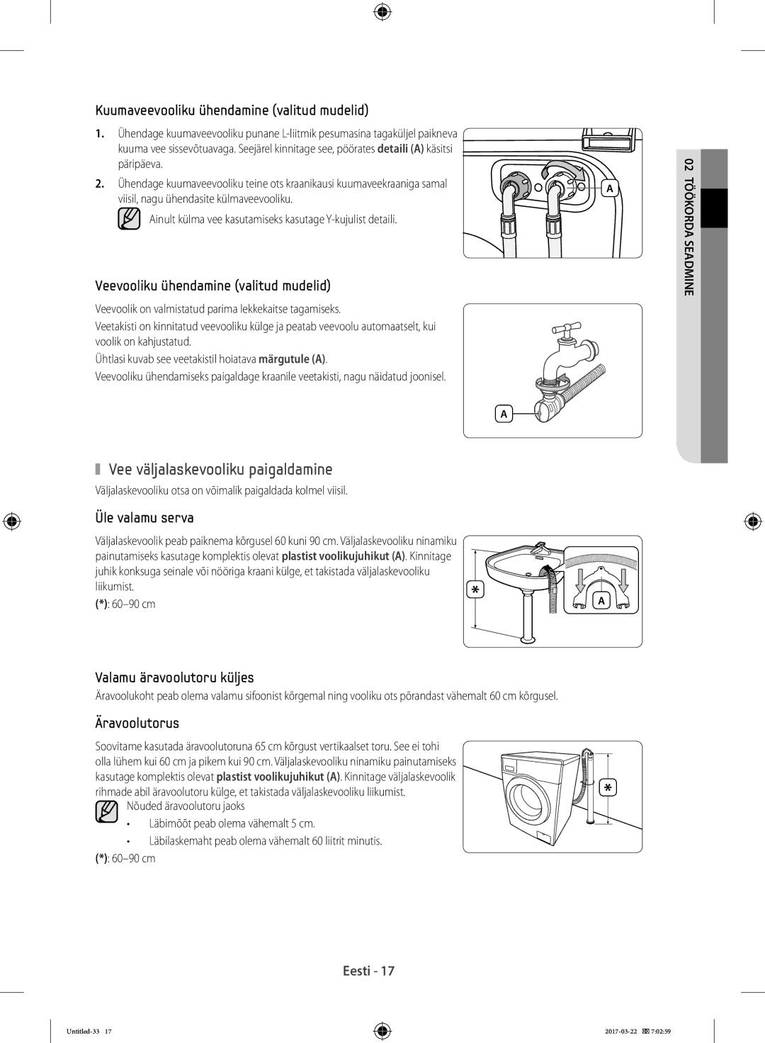 Samsung WF70F5E0W2W/LE Vee väljalaskevooliku paigaldamine, Väljalaskevooliku otsa on võimalik paigaldada kolmel viisil 