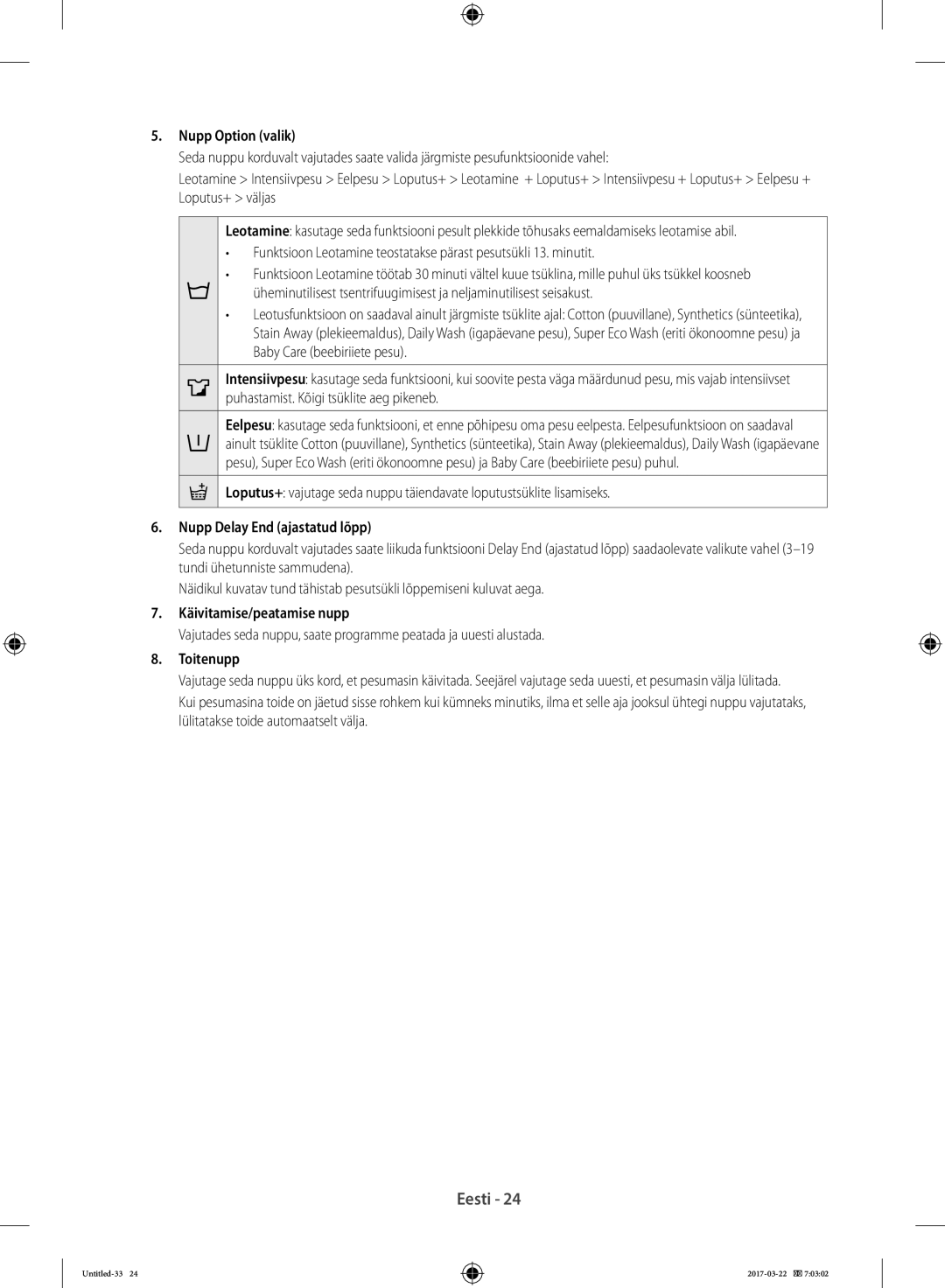 Samsung WF60F4ECW2W/LE manual Nupp Option valik, Nupp Delay End ajastatud lõpp, Käivitamise/peatamise nupp, Toitenupp 