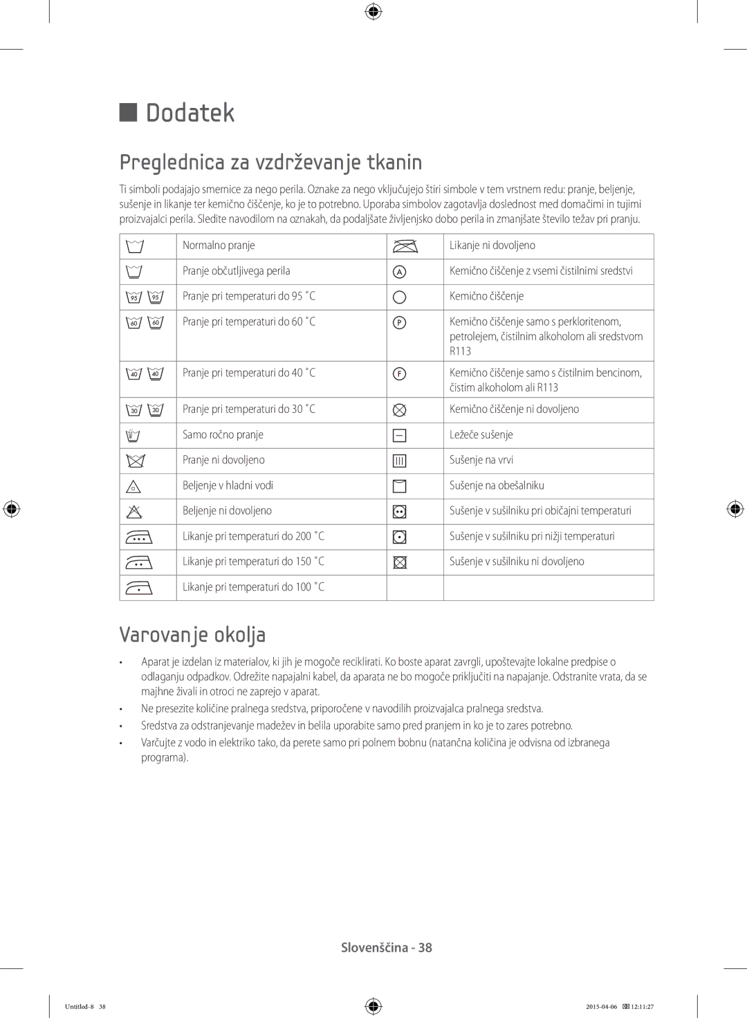 Samsung WF80F5E0W4W/LE, WF80F5E0W2W/LE, WF80F5E5W4W/LE manual Dodatek, Preglednica za vzdrževanje tkanin, Varovanje okolja 