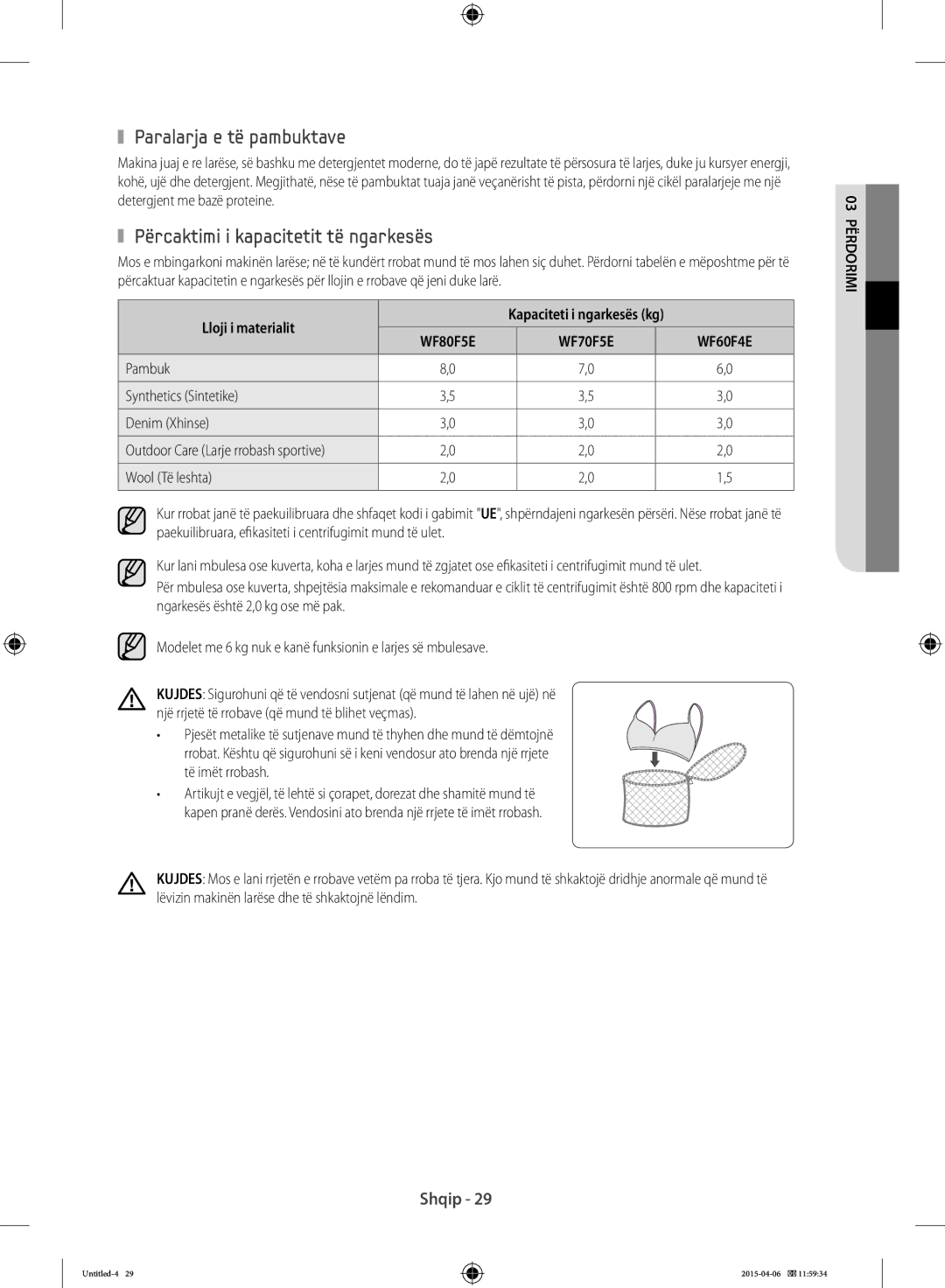 Samsung WF80F5E0W2W/LE manual Paralarja e të pambuktave, Përcaktimi i kapacitetit të ngarkesës, Lloji i materialit 