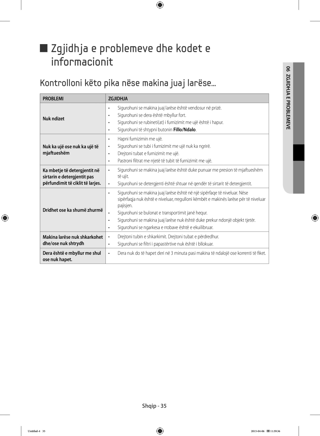 Samsung WF70F5E5U4W/LE Zgjidhja e problemeve dhe kodet e informacionit, Kontrolloni këto pika nëse makina juaj larëse 