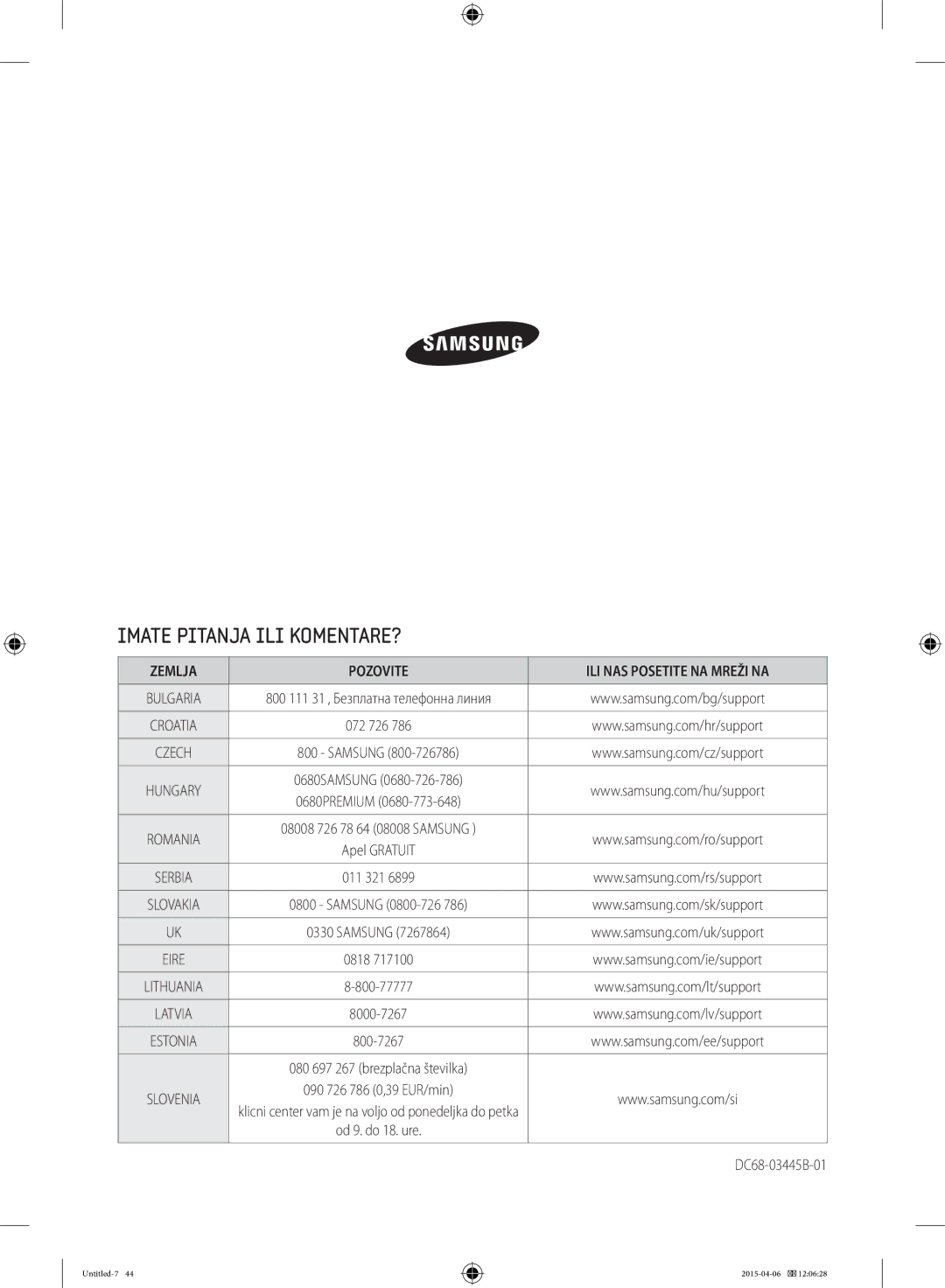 Samsung WF70F5EBW2W/LE, WF80F5E0W4W/LE manual Imate Pitanja ILI KOMENTARE?, Zemlja Pozovite ILI NAS Posetite NA Mreži NA 