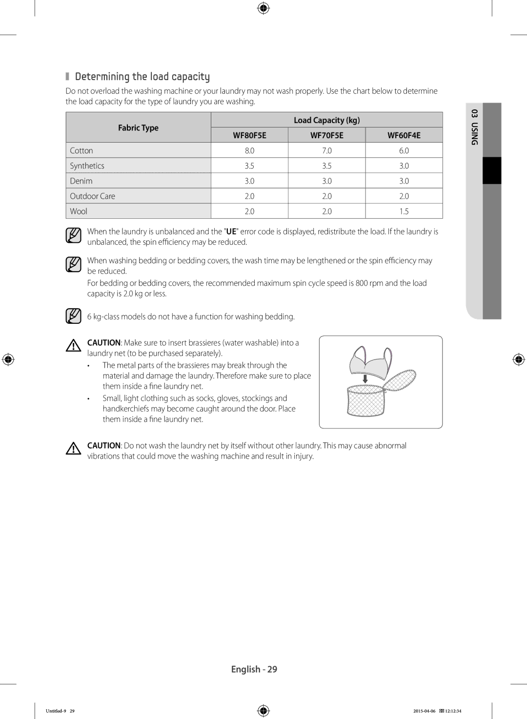 Samsung WF70F5E5W4W/LE, WF80F5E0W4W/LE, WF80F5E0W2W/LE Determining the load capacity, Fabric Type, Cotton Synthetics Denim 