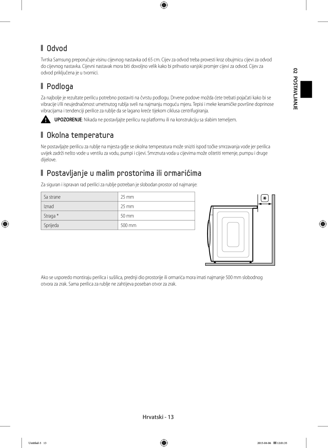 Samsung WF60F4E5W2X/LE, WF80F5E0W4W/LE Odvod, Podloga, Okolna temperatura, Postavljanje u malim prostorima ili ormarićima 