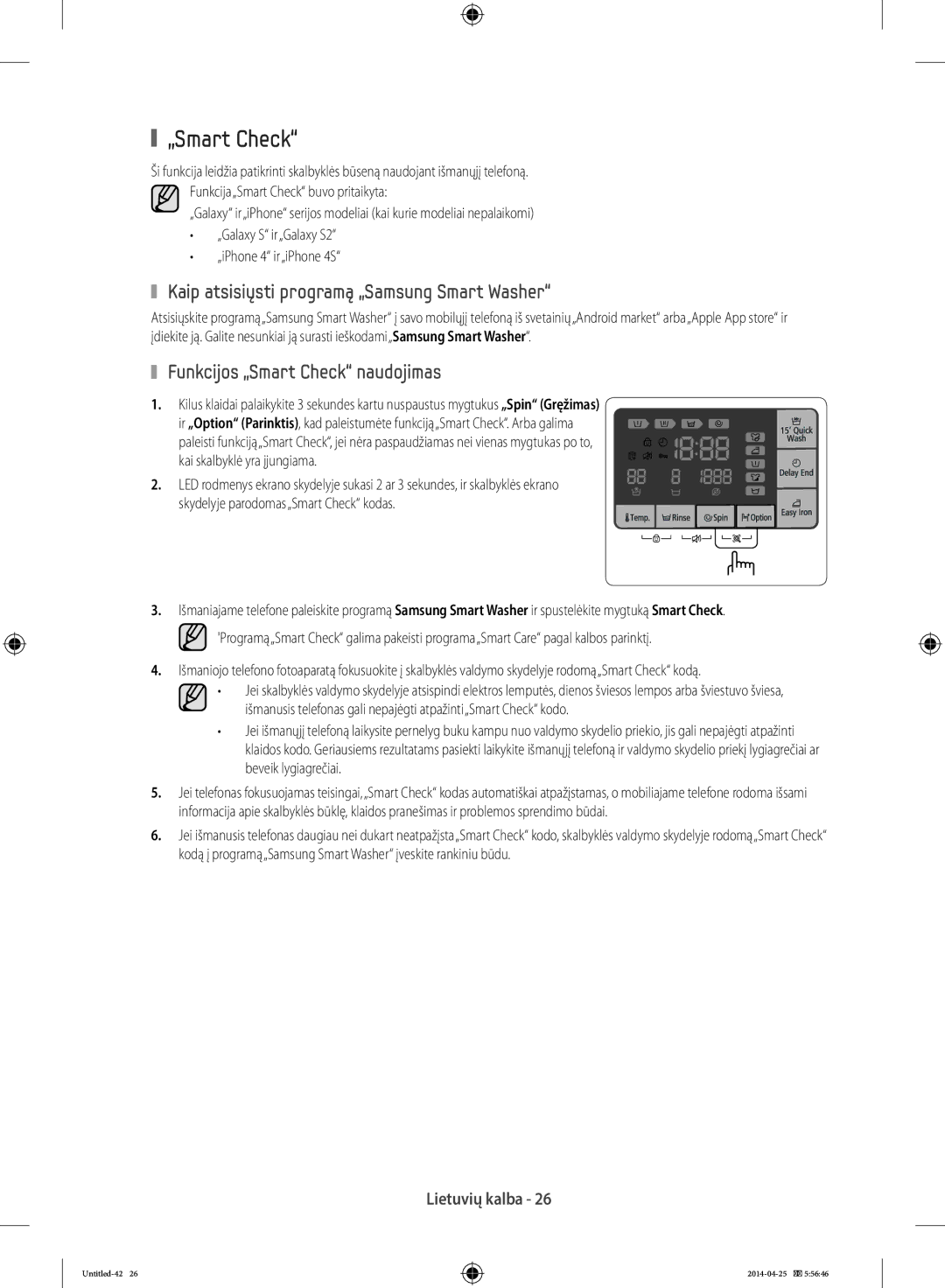 Samsung WF70F5E5W4W/LE manual Kaip atsisiųsti programą „Samsung Smart Washer, Funkcijos „Smart Check naudojimas 