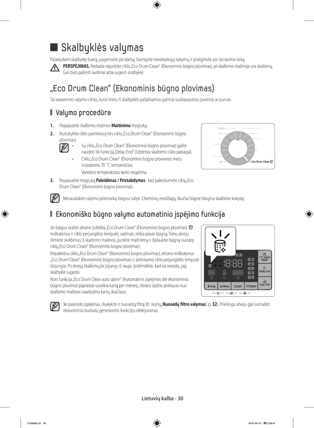 Samsung WF70F5E3W2W/LE, WF80F5E0W4W/LE Skalbyklės valymas, „Eco Drum Clean Ekonominis būgno plovimas, Valymo procedūra 