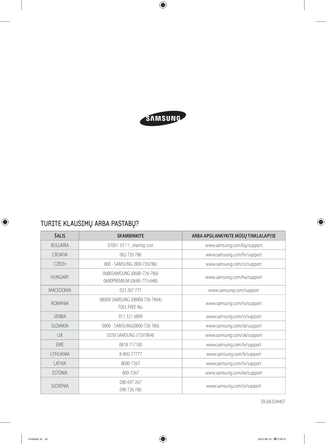 Samsung WF70F5E5U2W/LE, WF80F5E0W4W/LE, WF80F5E0W2W/LE, WF80F5E5W4W/LE manual Turite Klausimų Arba PASTABŲ?, Šalis Skambinkite 