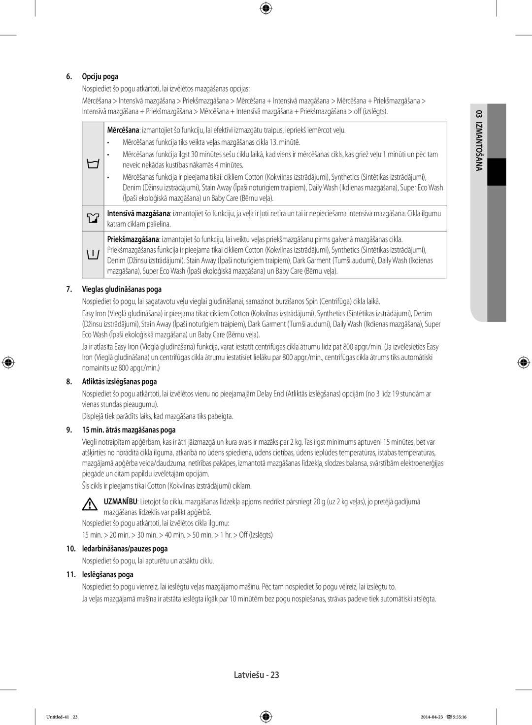 Samsung WF80F5E5W4W/LE Opciju poga, Vieglas gludināšanas poga, Atliktās izslēgšanas poga, 15 min. ātrās mazgāšanas poga 