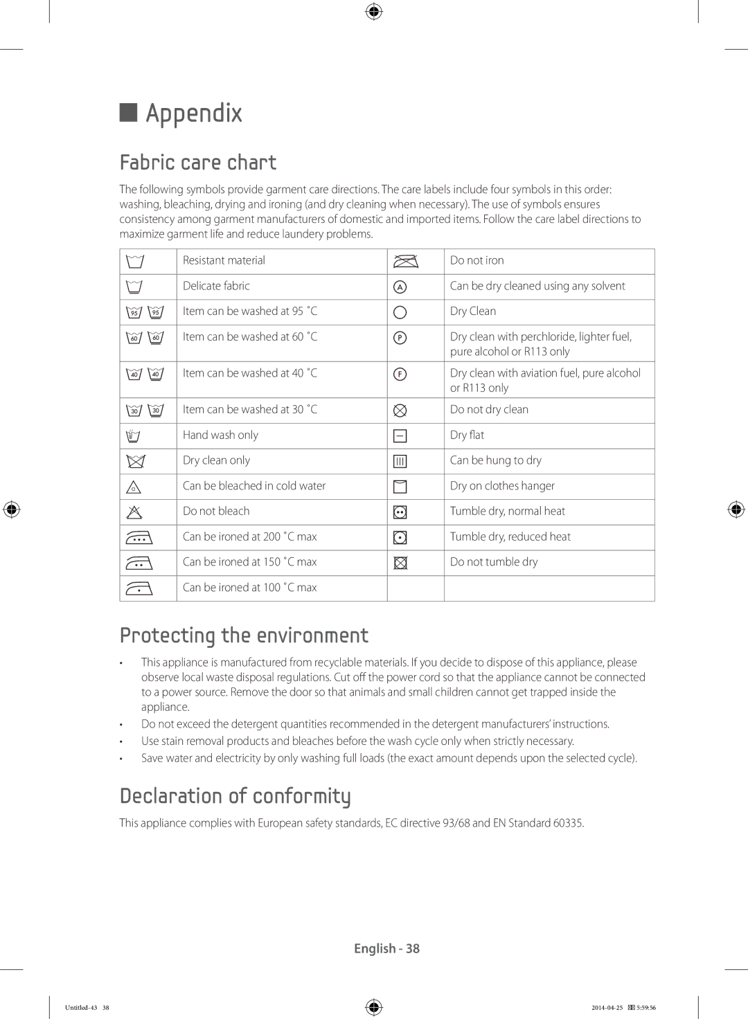 Samsung WF70F5E5U4X/LE, WF80F5E0W4W/LE Appendix, Fabric care chart, Protecting the environment, Declaration of conformity 