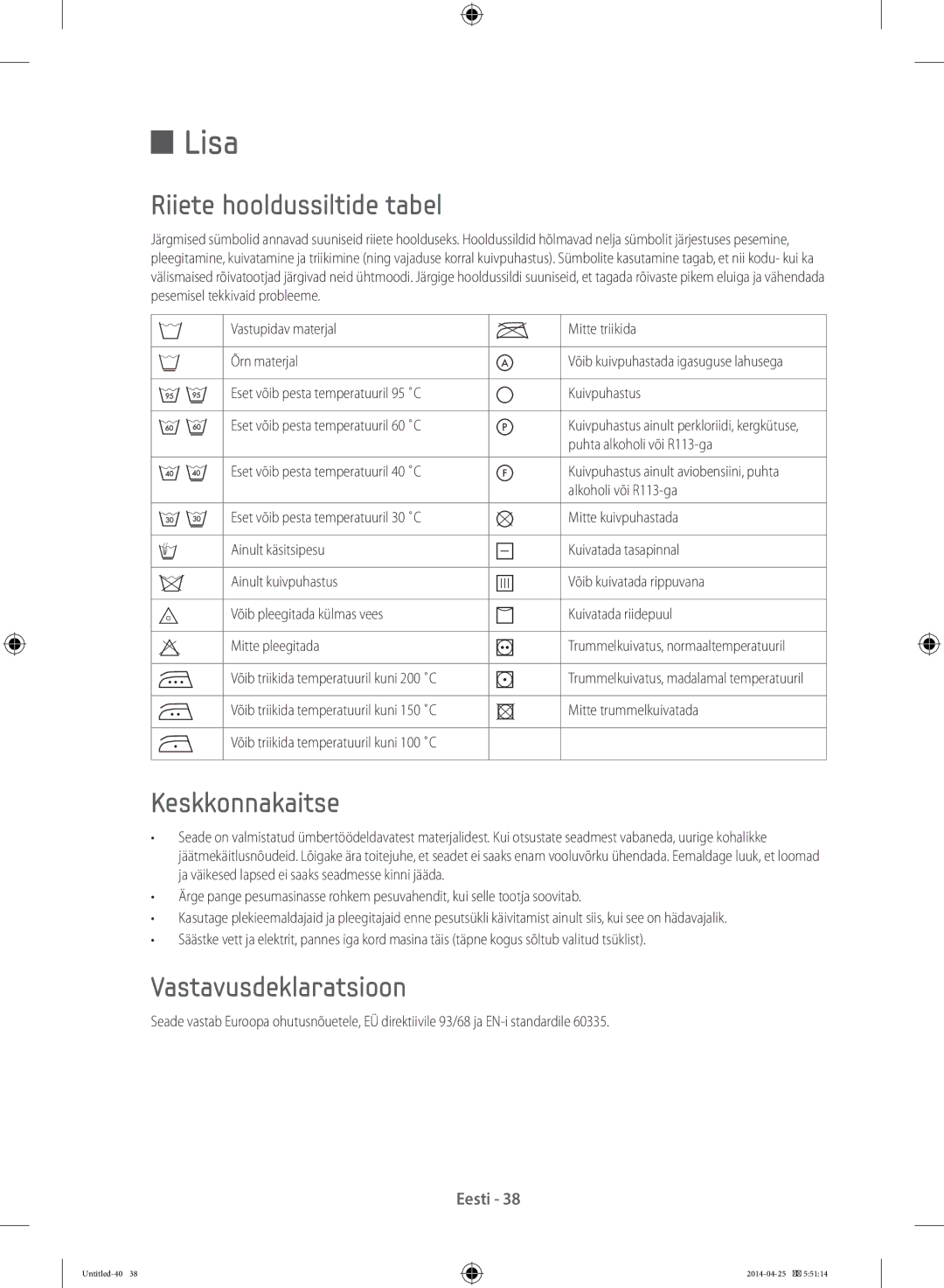 Samsung WF80F5E5U4W/LE, WF80F5E0W4W/LE manual Lisa, Riiete hooldussiltide tabel, Keskkonnakaitse, Vastavusdeklaratsioon 