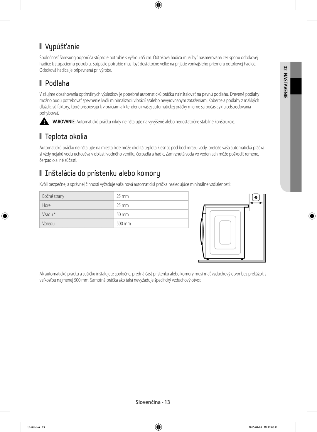 Samsung WF70F5E5U2W/LE, WF80F5E0W4W/LE manual Vypúšťanie, Podlaha, Teplota okolia, Inštalácia do prístenku alebo komory 