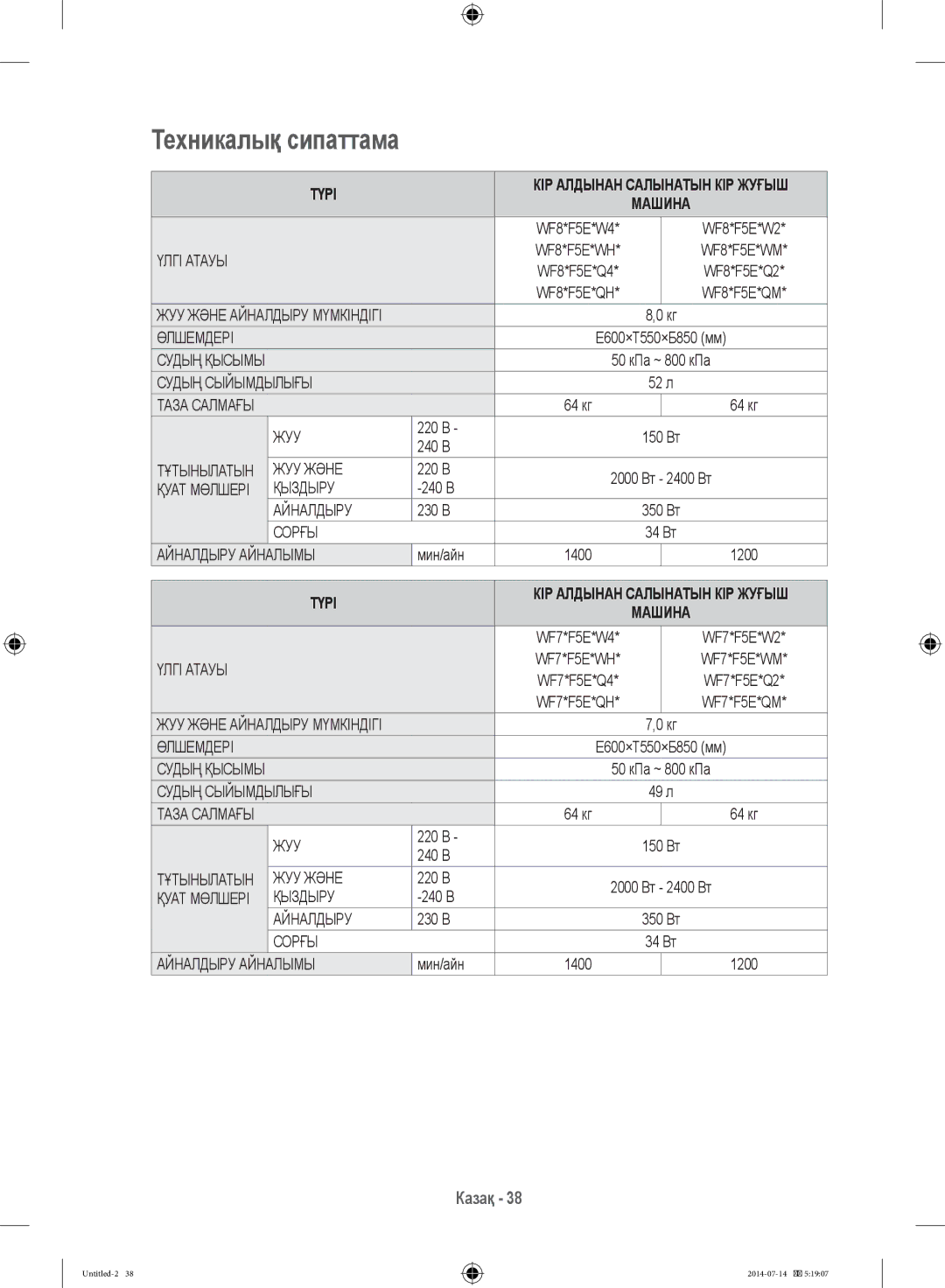 Samsung WF80F5E2W4W/LP, WF60F4E0W2W/LP, WF60F4E2W2W/LP, WF60F4ECW2W/LP Техникалық сипаттама, Түрі, 220 В, 240 В, Мин/айн 