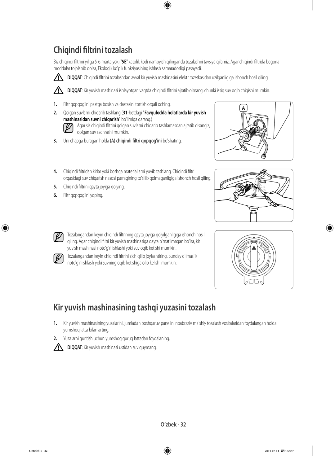 Samsung WF6RF4E2W0W/LP, WF80F5E2W4W/LP manual Chiqindi filtrini tozalash, Kir yuvish mashinasining tashqi yuzasini tozalash 