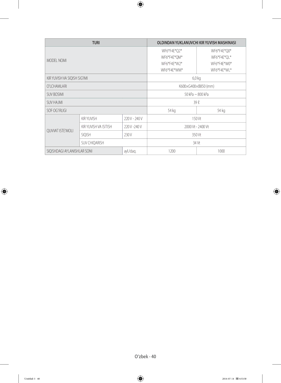 Samsung WF80F5E2W4W/LP, WF60F4E0W2W/LP, WF60F4E2W2W/LP, WF60F4ECW2W/LP, WF6RF4E2W0W/LP, WF60F4E1W2W/LP manual 54 kg 