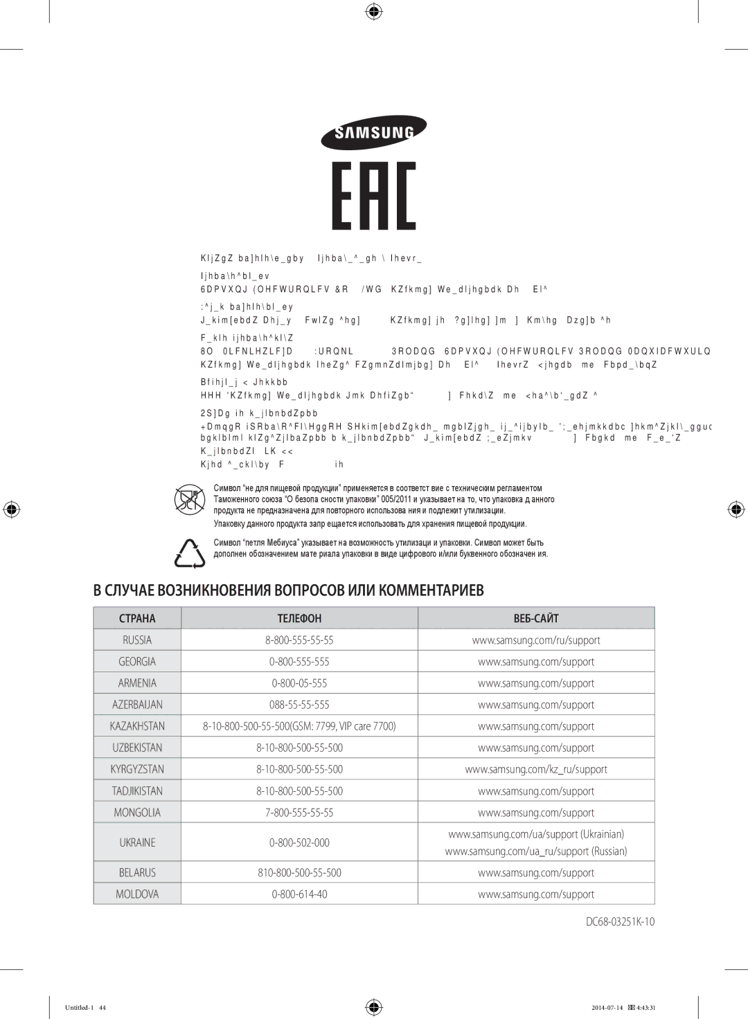 Samsung WF60F4E2W2W/LP, WF80F5E2W4W/LP, WF60F4E0W2W/LP, WF60F4ECW2W/LP manual Страна Телефон ВЕБ-САЙТ, DC68-03251K-10 