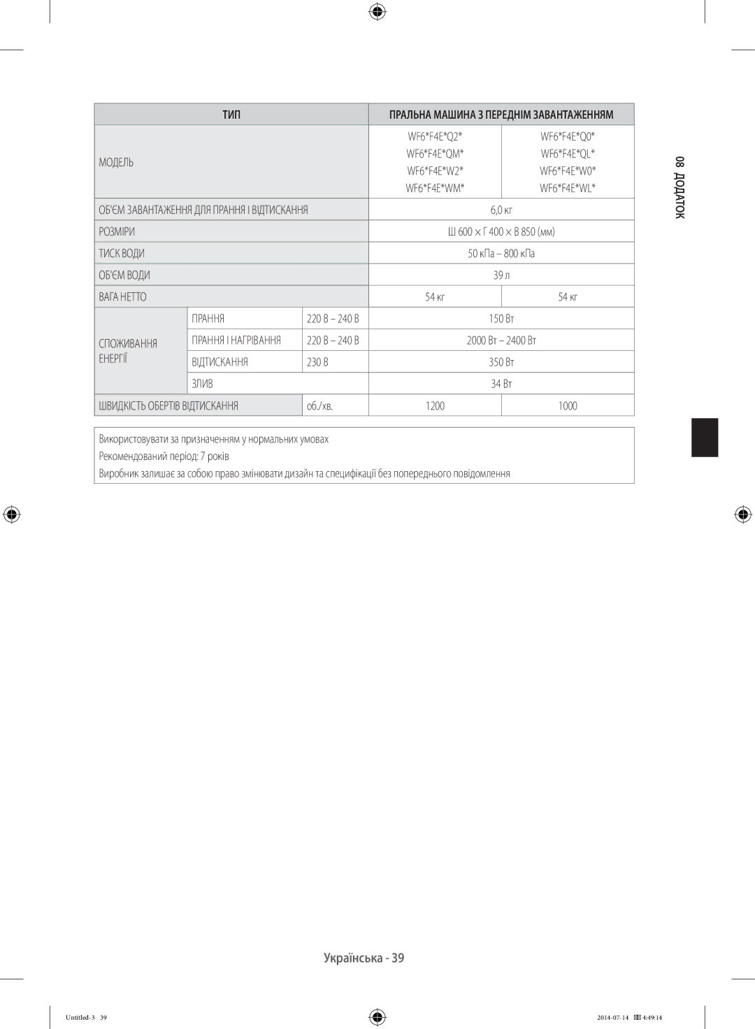 Samsung WF60F4E1W2W/LP, WF80F5E2W4W/LP, WF60F4E0W2W/LP, WF60F4E2W2W/LP, WF60F4ECW2W/LP, WF6RF4E2W0W/LP WF6*F4E*QM WF6*F4E*QL 