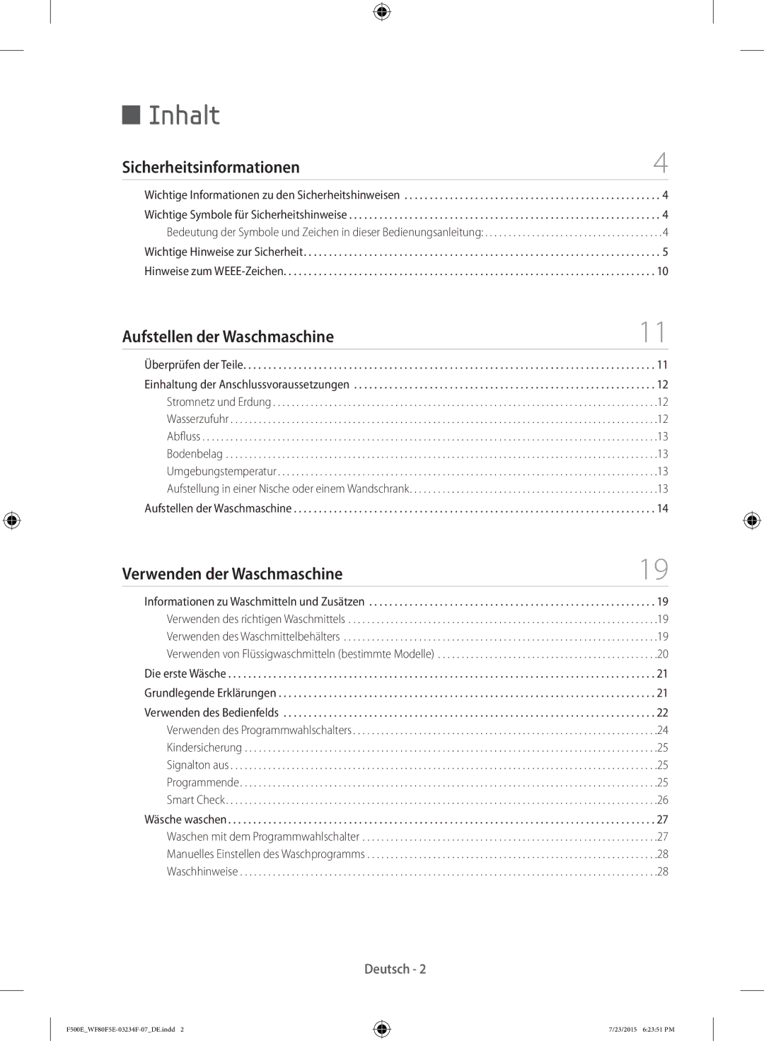 Samsung WF70F5E5Q4W/EG, WF80F5E5P4W/EG, WF71F5E4Q4W/EG, WF80F5E5Q4W/EG, WF7AF5E3P4W/EG, WF72F5E5P4W/EG manual Inhalt 