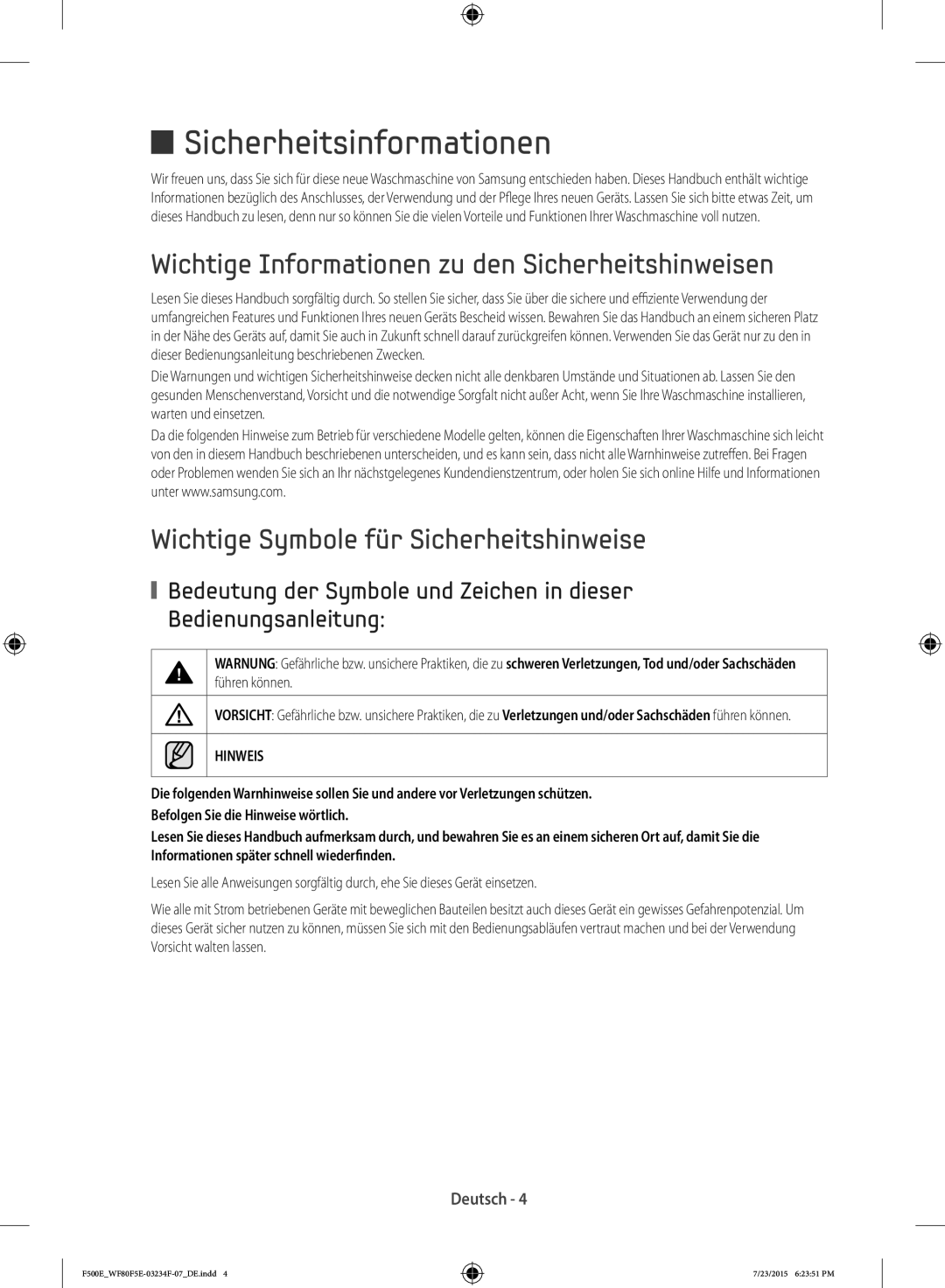 Samsung WF80F5E5Q4W/EG Sicherheitsinformationen, Wichtige Informationen zu den Sicherheitshinweisen, Deutsch, Hinweis 