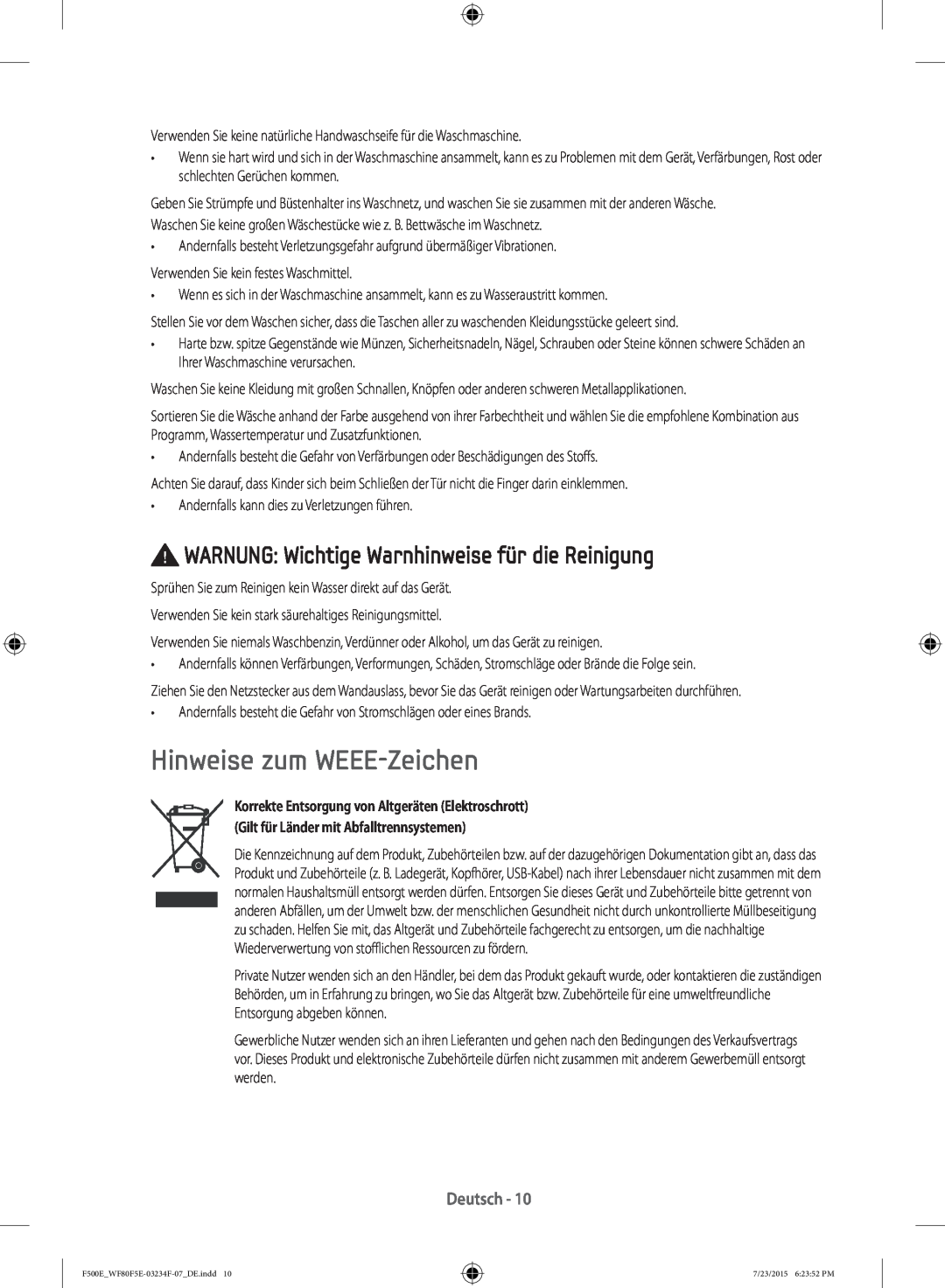 Samsung WF70F5E5P4W/EG, WF80F5E5P4W/EG Hinweise zum WEEE-Zeichen, WARNUNG Wichtige Warnhinweise für die Reinigung, Deutsch 
