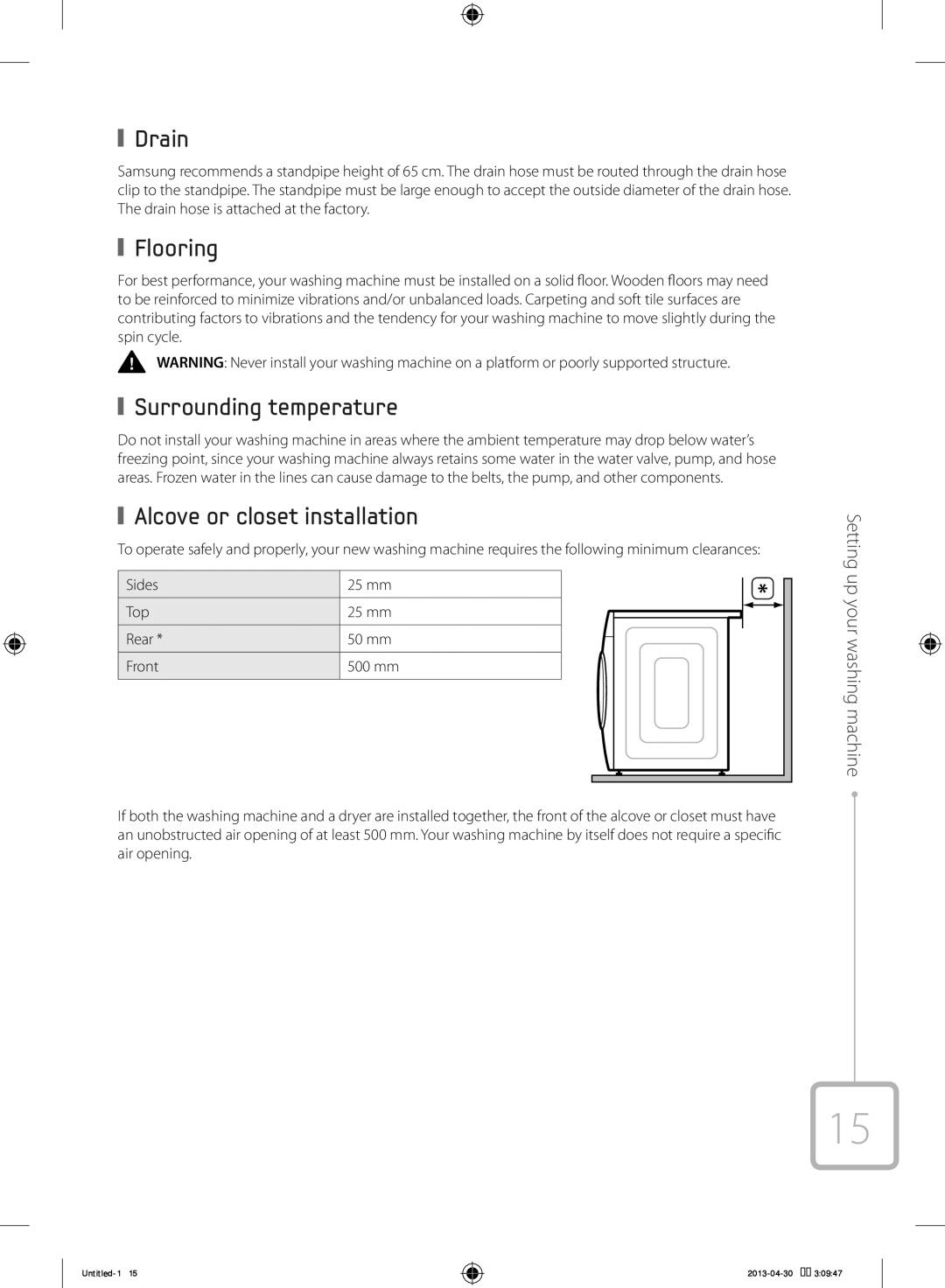 Samsung WF80F5E5U4W/KJ manual Drain, Flooring, Surrounding temperature, Alcove or closet installation 