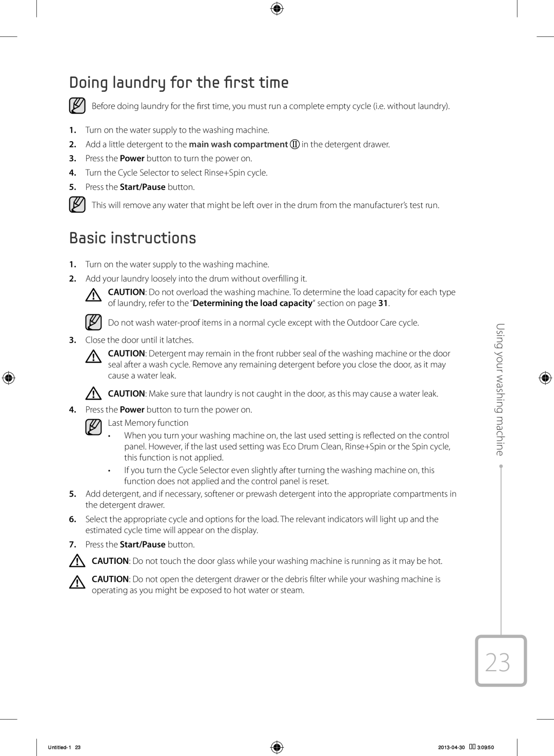 Samsung WF80F5E5U4W/KJ manual Doing laundry for the first time, Basic instructions 