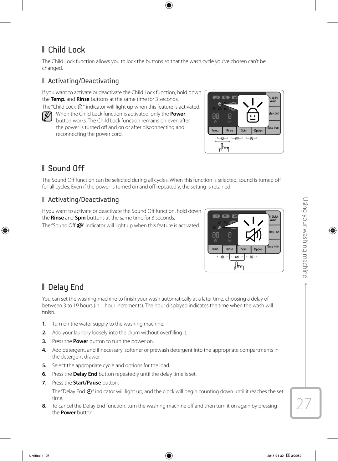 Samsung WF80F5E5U4W/KJ manual Child Lock, Sound Off, Delay End, Activating/Deactivating 
