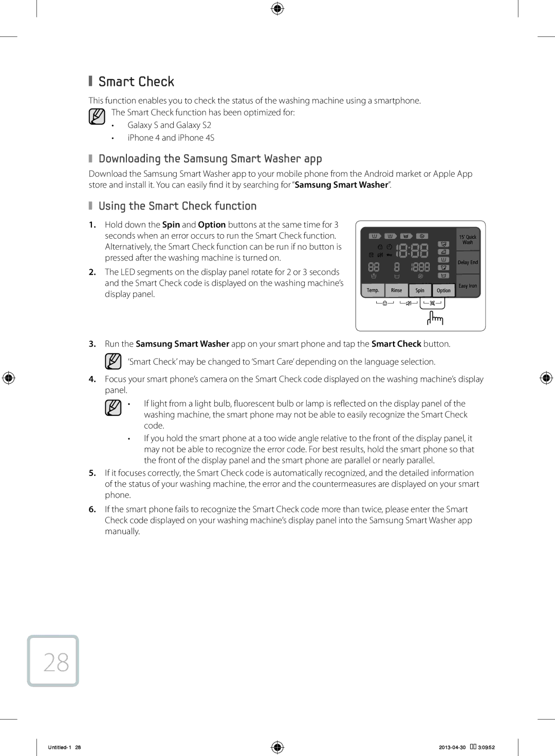 Samsung WF80F5E5U4W/KJ manual Downloading the Samsung Smart Washer app, Using the Smart Check function, Display panel 