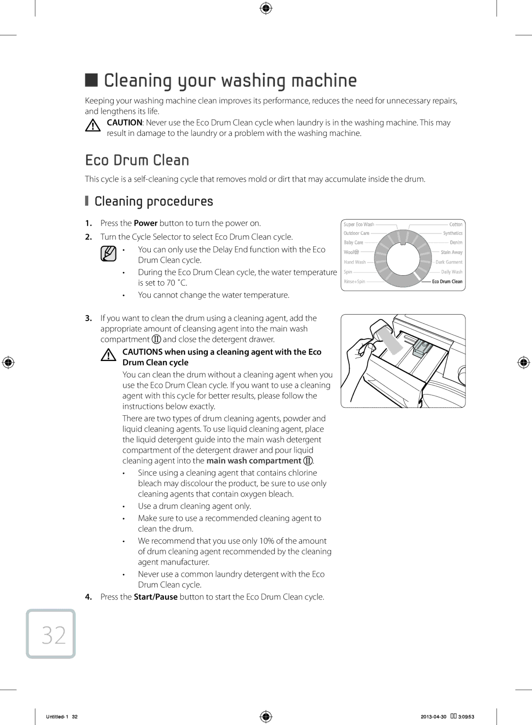 Samsung WF80F5E5U4W/KJ manual Cleaning your washing machine, Eco Drum Clean, Cleaning procedures, Drum Clean cycle 