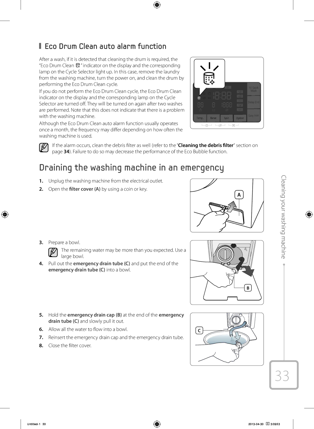 Samsung WF80F5E5U4W/KJ manual Draining the washing machine in an emergency, Eco Drum Clean auto alarm function 