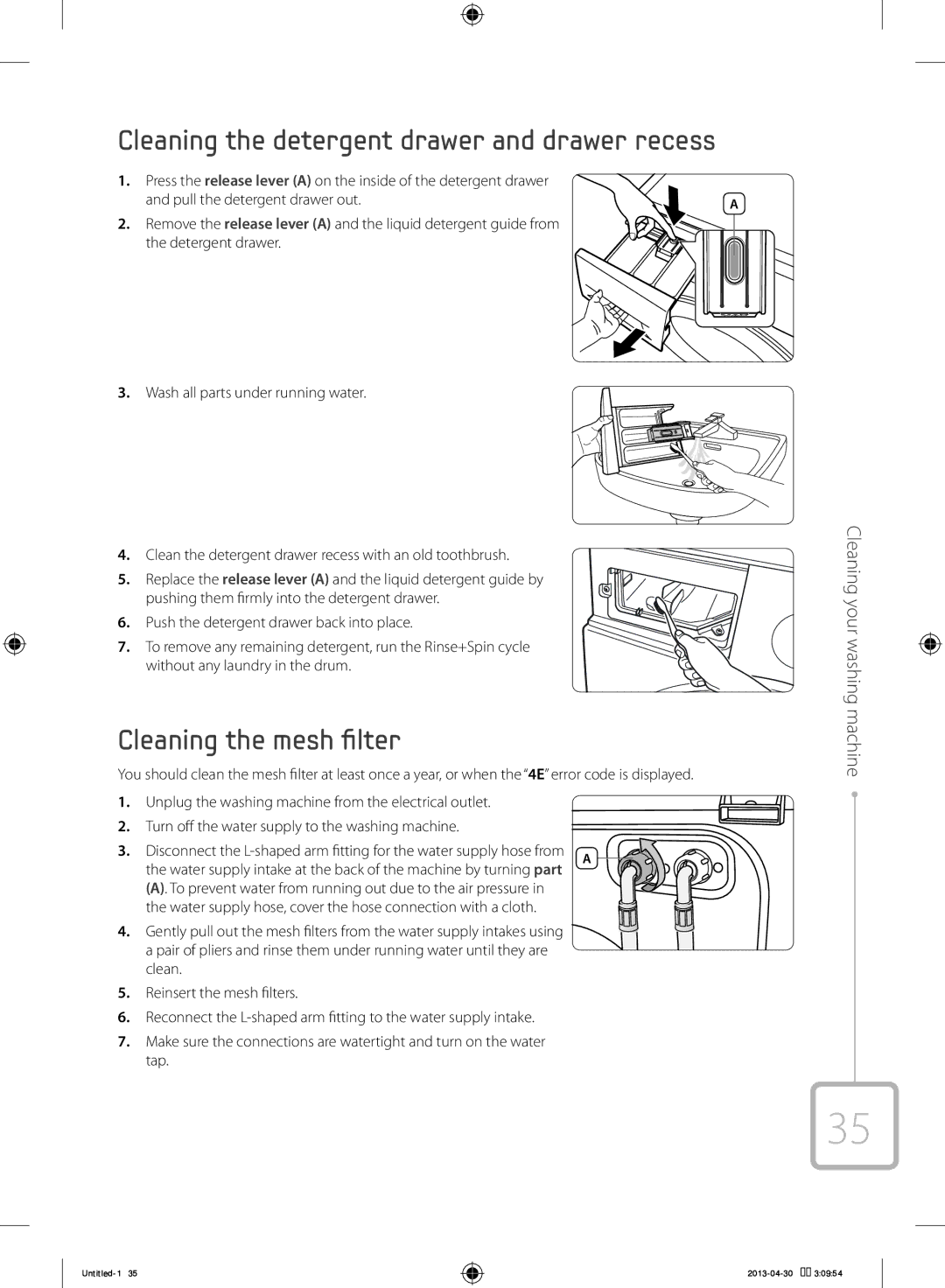 Samsung WF80F5E5U4W/KJ manual Cleaning the detergent drawer and drawer recess, Cleaning the mesh filter 