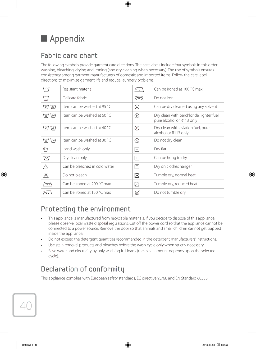 Samsung WF80F5E5U4W/KJ manual Appendix, Fabric care chart, Protecting the environment, Declaration of conformity 