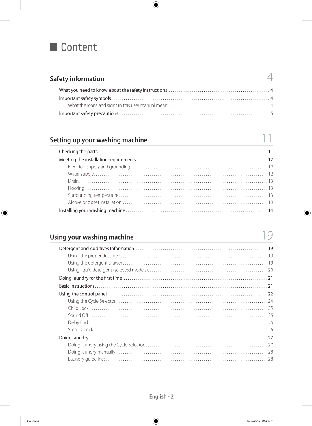 Samsung WF80F5E5U4W/ET manual Content, Safety information Setting up your washing machine, Using your washing machine 