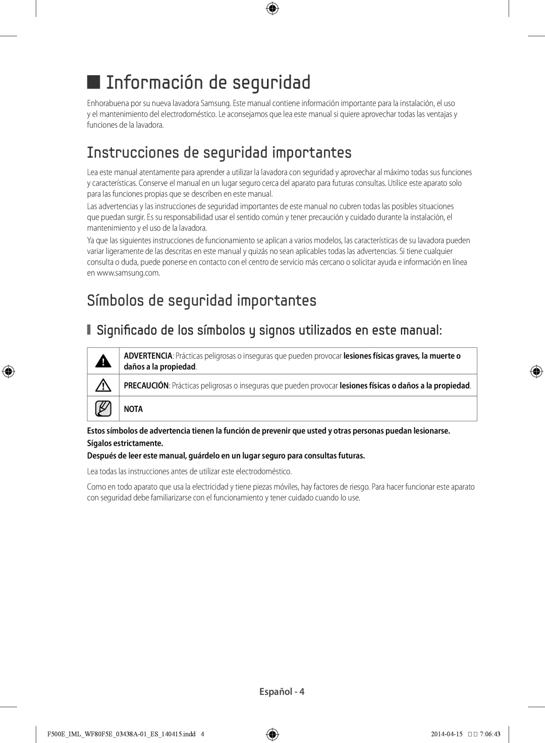 Samsung WF80F5EDW2W/EC, WF80F5EDW4W/EC manual Instrucciones de seguridad importantes, Símbolos de seguridad importantes 