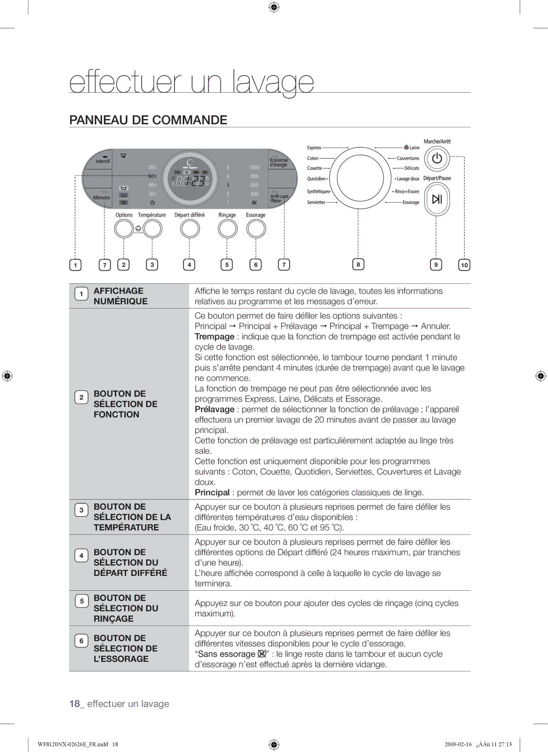 Samsung WF8120NXW/XEF manual Panneau DE Commande, Numérique 